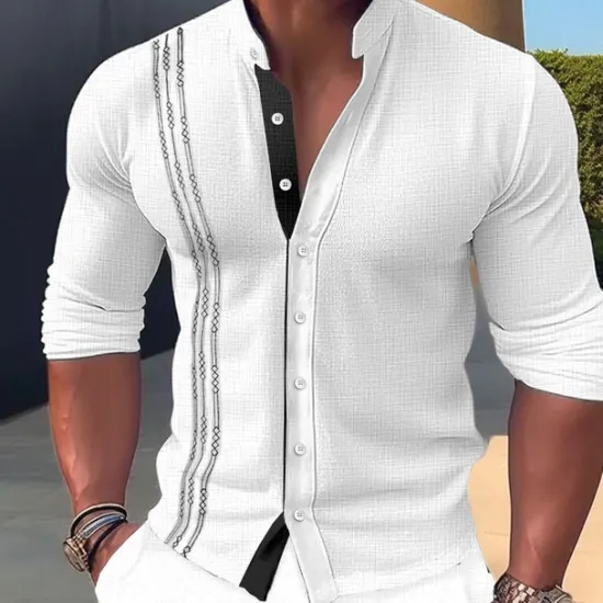 New OUKU Men's Shirt Linen Shirt Embroidered Button Up Shirt Casual Shirt Summer Shirt Beach Shirt Black White Pink Long Sleeve Standing Collar Spring & Summer Casual Daily Clothing Apparel Embroidered