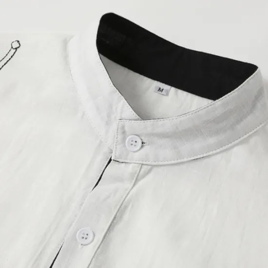 New OUKU Men's Shirt Linen Shirt Embroidered Button Up Shirt Casual Shirt Summer Shirt Beach Shirt Black White Pink Long Sleeve Standing Collar Spring & Summer Casual Daily Clothing Apparel Embroidered