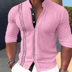 New OUKU Men's Shirt Linen Shirt Embroidered Button Up Shirt Casual Shirt Summer Shirt Beach Shirt Black White Pink Long Sleeve Standing Collar Spring & Summer Casual Daily Clothing Apparel Embroidered