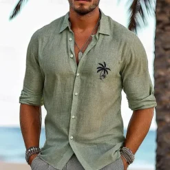 Discount OUKU Men's Shirt Linen Shirt Long Sleeve Graphic Trees / Leaves Turndown Shirt Collar Outdoor Causal Button Clothing Apparel Green