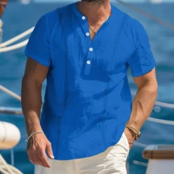 Clearance OUKU Men's Shirt Linen Shirt Guayabera Shirt Band Collar Shirt Popover Shirt Summer Shirt Plain Vacation Curise White Royal Blue Khaki Light Blue Short Sleeve Collar Summer Clothing Apparel