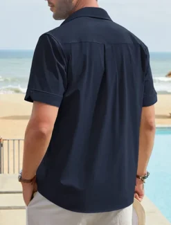 Online OUKU Men's Shirt Linen Shirt Guayabera Shirt Summer Shirt Beach Shirt Button Up Shirt Color Block Vacation Casual Navy Blue Blue Khaki Short Sleeve Turndown Summer Clothing Apparel
