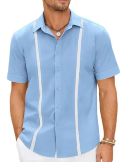 Online OUKU Men's Shirt Linen Shirt Guayabera Shirt Summer Shirt Beach Shirt Button Up Shirt Color Block Vacation Casual Navy Blue Blue Khaki Short Sleeve Turndown Summer Clothing Apparel