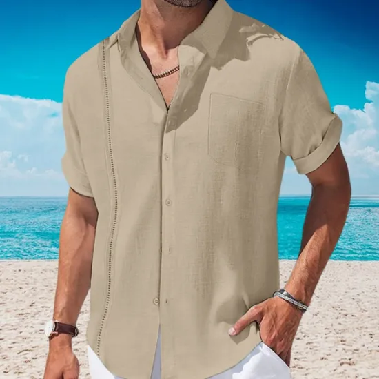 OUKU Men's Shirt Linen Shirt Guayabera Shirt Summer Shirt Beach Wear Button Up Shirt Plain Vacation Curise Black White Navy Blue Apricot Short Sleeve Lapel Summer Clothing Apparel Front Pocket