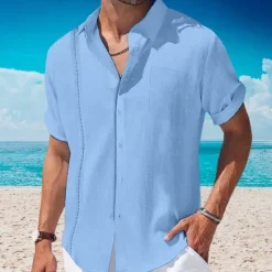 OUKU Men's Shirt Linen Shirt Guayabera Shirt Summer Shirt Beach Wear Button Up Shirt Plain Vacation Curise Black White Navy Blue Apricot Short Sleeve Lapel Summer Clothing Apparel Front Pocket