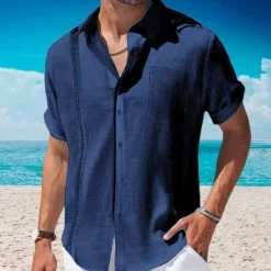 OUKU Men's Shirt Linen Shirt Guayabera Shirt Summer Shirt Beach Wear Button Up Shirt Plain Vacation Curise Black White Navy Blue Apricot Short Sleeve Lapel Summer Clothing Apparel Front Pocket