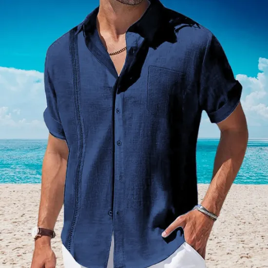 OUKU Men's Shirt Linen Shirt Guayabera Shirt Summer Shirt Beach Wear Button Up Shirt Plain Vacation Curise Black White Navy Blue Apricot Short Sleeve Lapel Summer Clothing Apparel Front Pocket