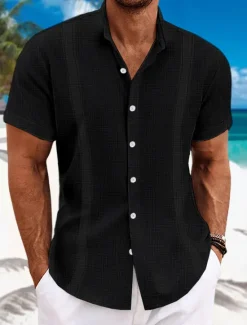 Hot OUKU Men's Shirt Linen Shirt Guayabera Shirt Summer Shirt Beach Shirt Button Up Shirt Plain Casual Daily Black White Blue Green Short Sleeve Collar Summer Clothing Apparel