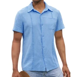 Hot OUKU Men's Shirt Linen Shirt Guayabera Shirt Summer Shirt Beach Shirt Button Up Shirt Plain Vacation Casual Black White Navy Blue Blue Short Sleeve Lapel Summer Clothing Apparel Patchwork