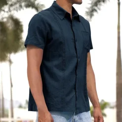 Hot OUKU Men's Shirt Linen Shirt Guayabera Shirt Summer Shirt Beach Shirt Button Up Shirt Plain Vacation Casual Black White Navy Blue Blue Short Sleeve Lapel Summer Clothing Apparel Patchwork