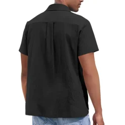 Hot OUKU Men's Shirt Linen Shirt Guayabera Shirt Summer Shirt Beach Shirt Button Up Shirt Plain Vacation Casual Black White Navy Blue Blue Short Sleeve Lapel Summer Clothing Apparel Patchwork