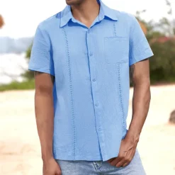 Hot OUKU Men's Shirt Linen Shirt Guayabera Shirt Summer Shirt Beach Shirt Button Up Shirt Plain Vacation Casual Black White Navy Blue Blue Short Sleeve Lapel Summer Clothing Apparel Patchwork