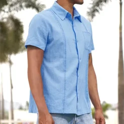 Hot OUKU Men's Shirt Linen Shirt Guayabera Shirt Summer Shirt Beach Shirt Button Up Shirt Plain Vacation Casual Black White Navy Blue Blue Short Sleeve Lapel Summer Clothing Apparel Patchwork