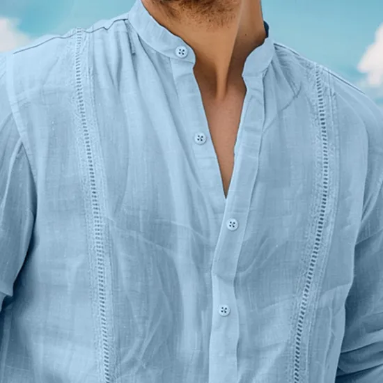 Best OUKU Men's Shirt Linen Shirt Guayabera Shirt Band Collar Shirt Summer Shirt Beach Shirt Plain Vacation Curise White Navy Blue Green Khaki Long Sleeve Band Collar Spring & Summer Clothing Apparel
