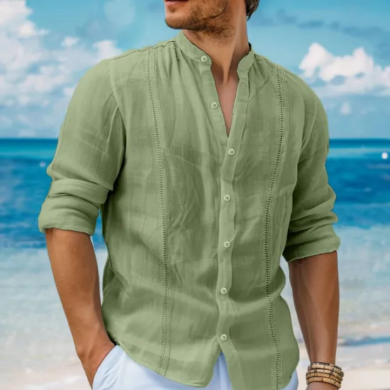 Best OUKU Men's Shirt Linen Shirt Guayabera Shirt Band Collar Shirt Summer Shirt Beach Shirt Plain Vacation Curise White Navy Blue Green Khaki Long Sleeve Band Collar Spring & Summer Clothing Apparel