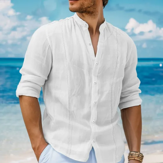 Best OUKU Men's Shirt Linen Shirt Guayabera Shirt Band Collar Shirt Summer Shirt Beach Shirt Plain Vacation Curise White Navy Blue Green Khaki Long Sleeve Band Collar Spring & Summer Clothing Apparel