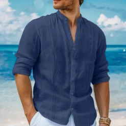 Best OUKU Men's Shirt Linen Shirt Guayabera Shirt Band Collar Shirt Summer Shirt Beach Shirt Plain Vacation Curise White Navy Blue Green Khaki Long Sleeve Band Collar Spring & Summer Clothing Apparel