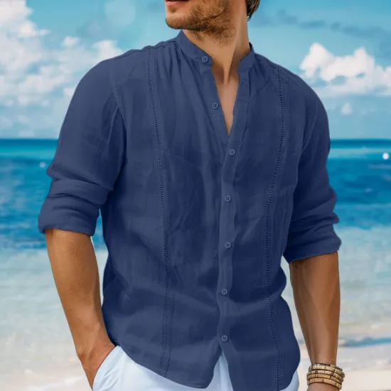 Best OUKU Men's Shirt Linen Shirt Guayabera Shirt Band Collar Shirt Summer Shirt Beach Shirt Plain Vacation Curise White Navy Blue Green Khaki Long Sleeve Band Collar Spring & Summer Clothing Apparel