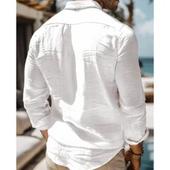 Online OUKU Men's Shirt Linen Shirt Guayabera Shirt Summer Shirt Beach Wear Button Up Shirt Plain Vacation Curise Black White Dark Navy Khaki Long Sleeve Collar Spring & Summer Clothing Apparel