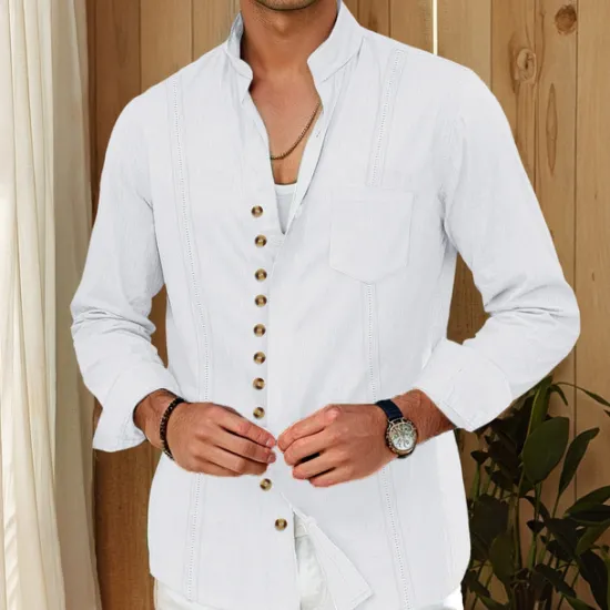 Outlet OUKU Men's Shirt Linen Shirt Guayabera Shirt Summer Shirt Casual Shirt Button Up Shirt Plain Home Daily White Pink Khaki Light Blue Long Sleeve Band Collar Summer Spring & Fall Clothing Apparel