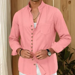 Outlet OUKU Men's Shirt Linen Shirt Guayabera Shirt Summer Shirt Casual Shirt Button Up Shirt Plain Home Daily White Pink Khaki Light Blue Long Sleeve Band Collar Summer Spring & Fall Clothing Apparel