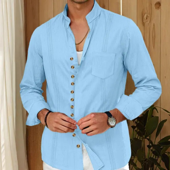 Outlet OUKU Men's Shirt Linen Shirt Guayabera Shirt Summer Shirt Casual Shirt Button Up Shirt Plain Home Daily White Pink Khaki Light Blue Long Sleeve Band Collar Summer Spring & Fall Clothing Apparel