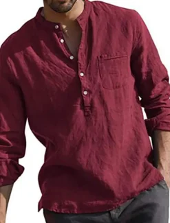 Best OUKU Men's Shirt Linen Shirt Maroon Shirt Solid Color V Neck White Black Gray Wine Army Green Long Sleeve Daily Vacation collared shirts Tops Streetwear Casual Chinoiserie