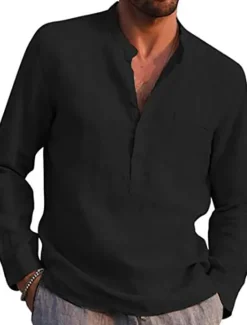 Best OUKU Men's Shirt Linen Shirt Maroon Shirt Solid Color V Neck White Black Gray Wine Army Green Long Sleeve Daily Vacation collared shirts Tops Streetwear Casual Chinoiserie