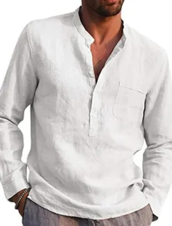Best OUKU Men's Shirt Linen Shirt Maroon Shirt Solid Color V Neck White Black Gray Wine Army Green Long Sleeve Daily Vacation collared shirts Tops Streetwear Casual Chinoiserie