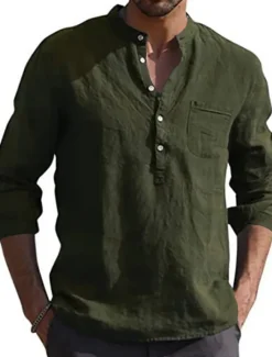 Best OUKU Men's Shirt Linen Shirt Maroon Shirt Solid Color V Neck White Black Gray Wine Army Green Long Sleeve Daily Vacation collared shirts Tops Streetwear Casual Chinoiserie
