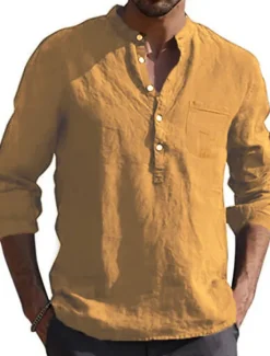 Best OUKU Men's Shirt Linen Shirt Maroon Shirt Solid Color V Neck White Black Gray Wine Army Green Long Sleeve Daily Vacation collared shirts Tops Streetwear Casual Chinoiserie