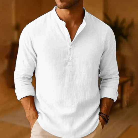 New OUKU Men's Shirt Linen Shirt Popover Shirt Casual Shirt Cotton Shirt Plain Vacation Hawaiian Black White Pink Orange Long Sleeve Band Collar Spring Fall Clothing Apparel