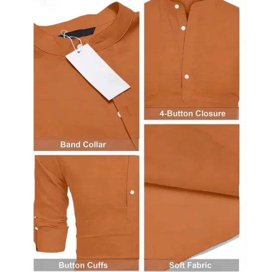 New OUKU Men's Shirt Linen Shirt Popover Shirt Casual Shirt Cotton Shirt Plain Vacation Hawaiian Black White Pink Orange Long Sleeve Band Collar Spring Fall Clothing Apparel