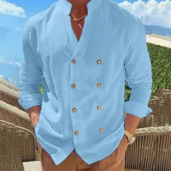 New OUKU Men's Shirt Linen Shirt Popover Shirt Summer Shirt Beach Wear Button Up Shirt Plain Vacation Curise Black Blue Beige Long Sleeve Band Collar Spring & Summer Clothing Apparel