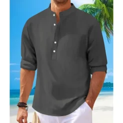 Discount OUKU Men's Shirt Linen Shirt Popover Shirt Casual Shirt Cotton Shirt Plain Vacation Hawaiian Black White Pink Navy Blue Long Sleeve Band Collar Spring Fall Clothing Apparel