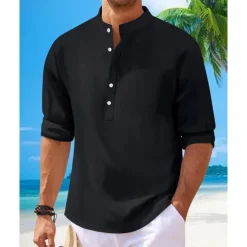 Discount OUKU Men's Shirt Linen Shirt Popover Shirt Casual Shirt Cotton Shirt Plain Vacation Hawaiian Black White Pink Navy Blue Long Sleeve Band Collar Spring Fall Clothing Apparel