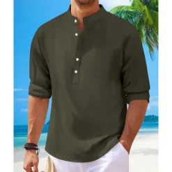 Discount OUKU Men's Shirt Linen Shirt Popover Shirt Casual Shirt Cotton Shirt Plain Vacation Hawaiian Black White Pink Navy Blue Long Sleeve Band Collar Spring Fall Clothing Apparel