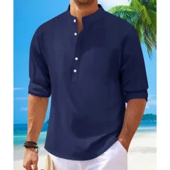 Discount OUKU Men's Shirt Linen Shirt Popover Shirt Casual Shirt Cotton Shirt Plain Vacation Hawaiian Black White Pink Navy Blue Long Sleeve Band Collar Spring Fall Clothing Apparel
