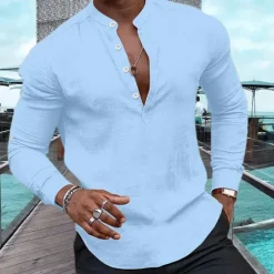 Outlet OUKU Men's Shirt Linen Shirt Popover Shirt Summer Shirt Beach Wear Casual Shirt Plain Casual Daily Black White Pink Navy Blue Long Sleeve Henley Spring & Summer Clothing Apparel