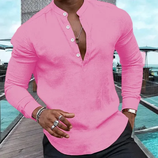 Outlet OUKU Men's Shirt Linen Shirt Popover Shirt Summer Shirt Beach Wear Casual Shirt Plain Casual Daily Black White Pink Navy Blue Long Sleeve Henley Spring & Summer Clothing Apparel