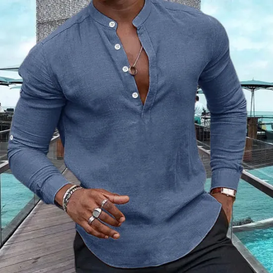 Outlet OUKU Men's Shirt Linen Shirt Popover Shirt Summer Shirt Beach Wear Casual Shirt Plain Casual Daily Black White Pink Navy Blue Long Sleeve Henley Spring & Summer Clothing Apparel
