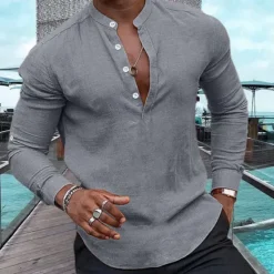Outlet OUKU Men's Shirt Linen Shirt Popover Shirt Summer Shirt Beach Wear Casual Shirt Plain Casual Daily Black White Pink Navy Blue Long Sleeve Henley Spring & Summer Clothing Apparel