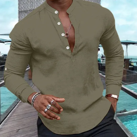 Outlet OUKU Men's Shirt Linen Shirt Popover Shirt Summer Shirt Beach Wear Casual Shirt Plain Casual Daily Black White Pink Navy Blue Long Sleeve Henley Spring & Summer Clothing Apparel