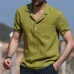 New OUKU Men's Shirt Linen Shirt Popover Shirt Summer Shirt Beach Wear Casual Shirt Solid Color Vacation Street Black White Yellow Green Short Sleeve Shirt Collar Summer Spring Clothing Apparel Pocket