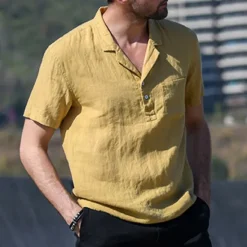 New OUKU Men's Shirt Linen Shirt Popover Shirt Summer Shirt Beach Wear Casual Shirt Solid Color Vacation Street Black White Yellow Green Short Sleeve Shirt Collar Summer Spring Clothing Apparel Pocket