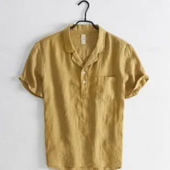 New OUKU Men's Shirt Linen Shirt Popover Shirt Summer Shirt Beach Wear Casual Shirt Solid Color Vacation Street Black White Yellow Green Short Sleeve Shirt Collar Summer Spring Clothing Apparel Pocket
