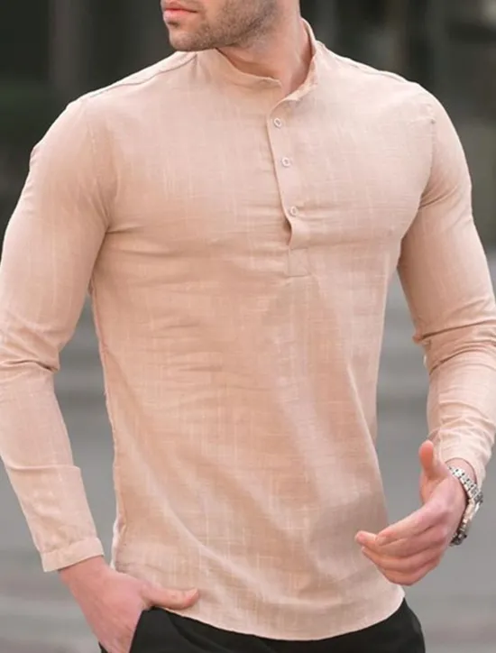 Sale OUKU Men's Shirt Linen Shirt Popover Shirt Summer Shirt Beach Shirt Black White Blue Long Sleeve Plain Henley Spring & Summer Casual Daily Clothing Apparel