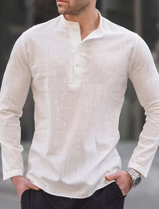 Sale OUKU Men's Shirt Linen Shirt Popover Shirt Summer Shirt Beach Shirt Black White Blue Long Sleeve Plain Henley Spring & Summer Casual Daily Clothing Apparel