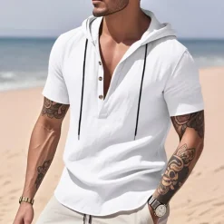 Clearance OUKU Men's Shirt Linen Shirt Popover Shirt Casual Shirt Cotton Shirt Plain Vacation Street Black White Yellow Navy Blue Short Sleeve Hooded Summer Clothing Apparel Button-Down
