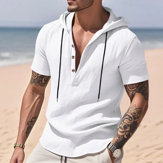 Clearance OUKU Men's Shirt Linen Shirt Popover Shirt Casual Shirt Cotton Shirt Plain Vacation Street Black White Yellow Navy Blue Short Sleeve Hooded Summer Clothing Apparel Button-Down